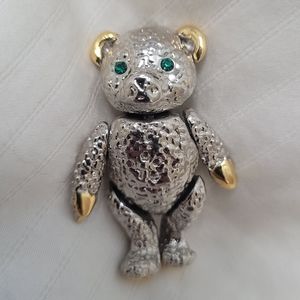Vintage Fully Articulated Jointed Teddy Bear Pin Brooch Emerald Green Eyes